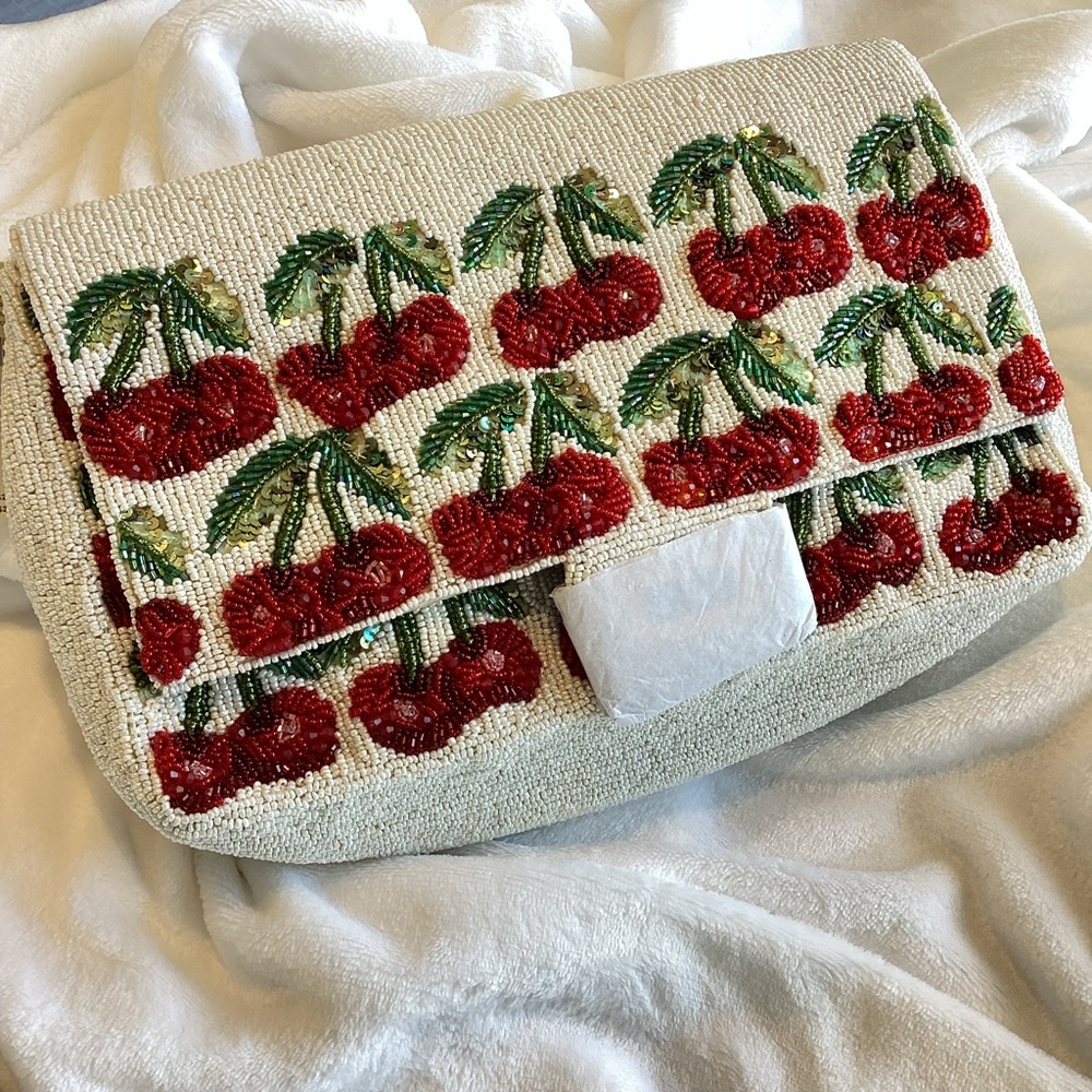 🍒Anthropologie Oversized Beaded Shoulder Bag Maeve Purse Novelty Gold Chain NEW - Picture 5 of 16